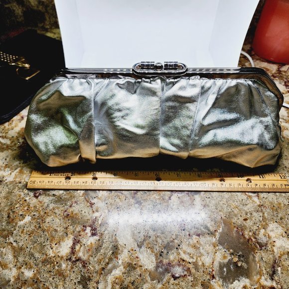 Metallic Silver clutch ruched fabric evening bag - Picture 2 of 4
